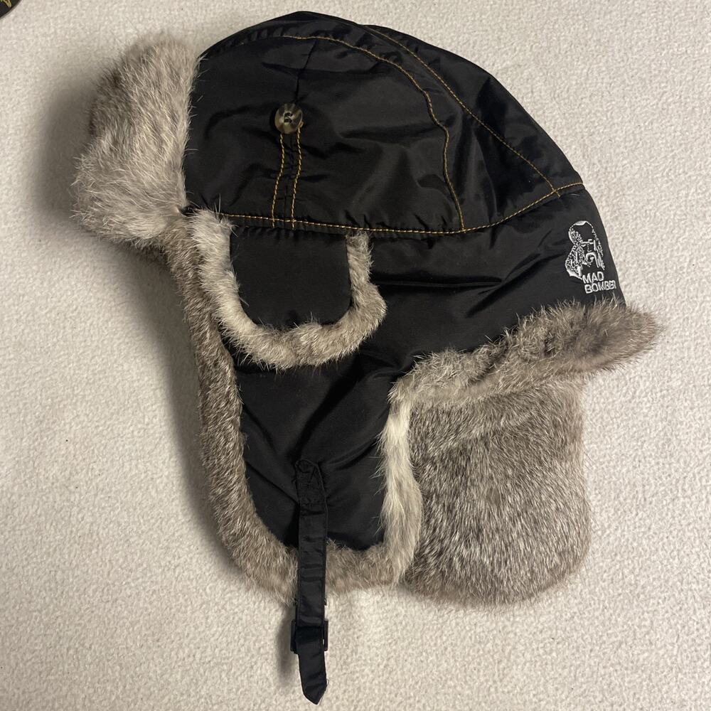 Mad Bomber Trapper Hat Black Nylon Rabbit Fur Winter Aviator Cap Mens Size XL